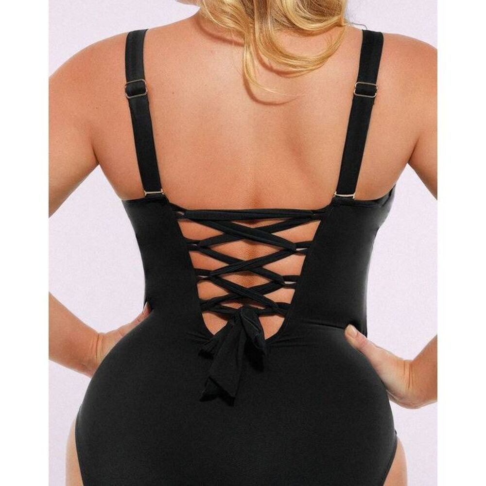 Shapellx Black Ruched V-Neck Swimsuit Tummy Control Shaping Women's Large - Picture 10 of 12
